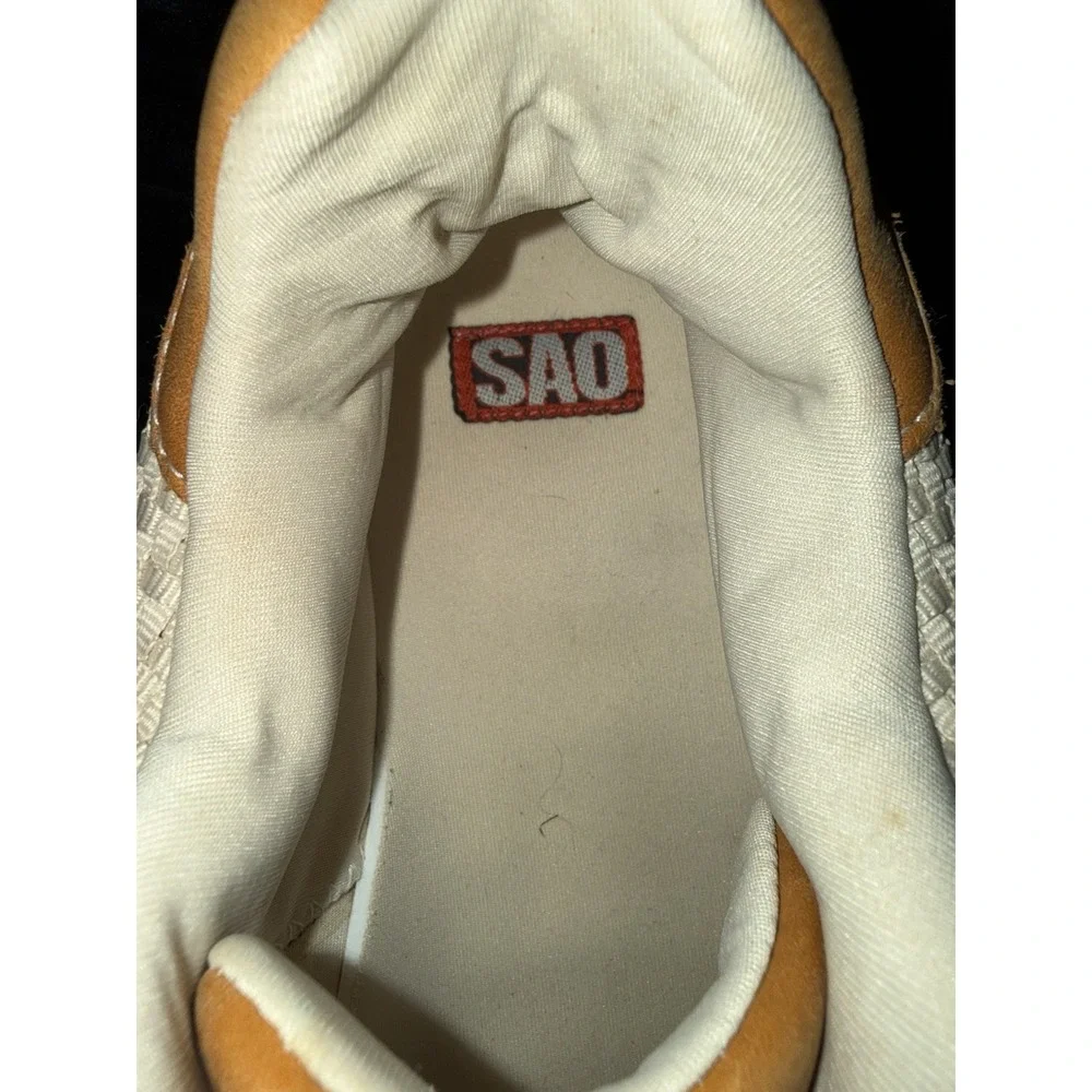 SAO Mens Size 12M Comfort Shoes Brown Beige Leather Sneakers Herringbone Pattern